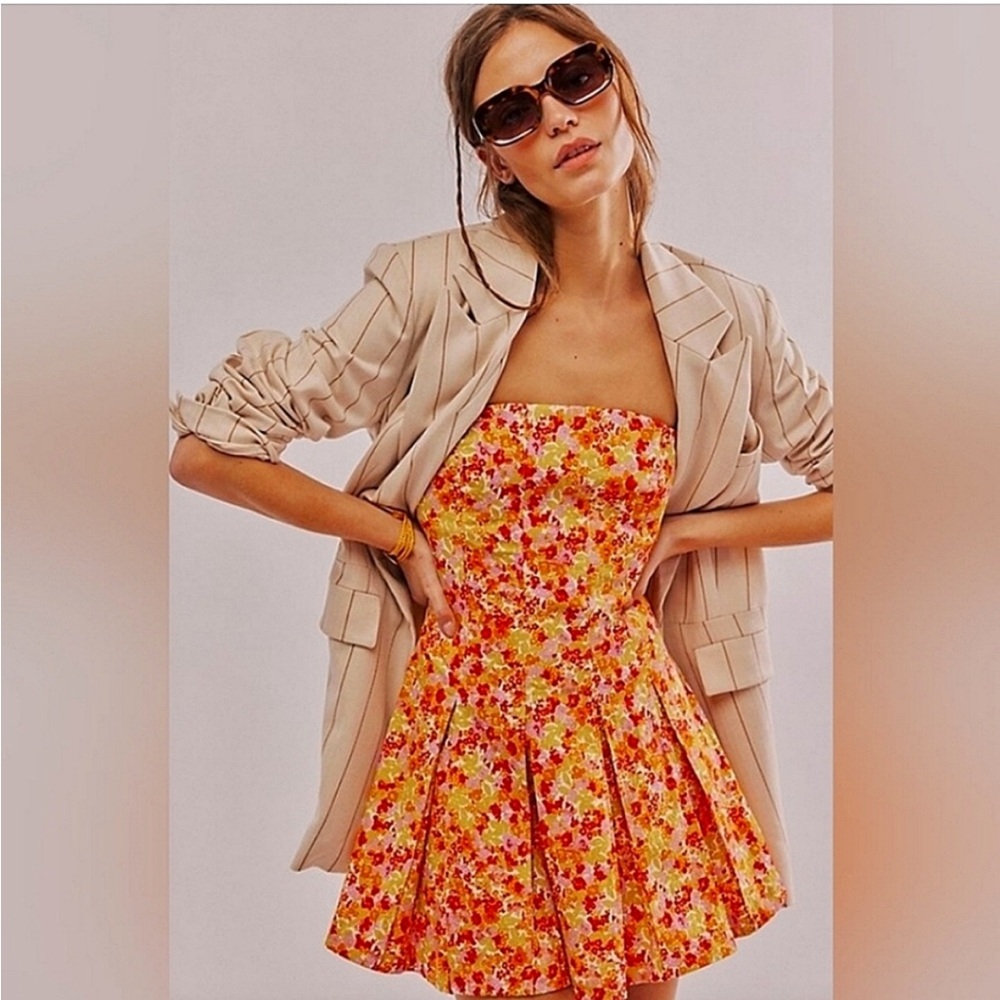 Free People Made Me Smile Printed Mini Dress Citrus Combo NWOT Size XL